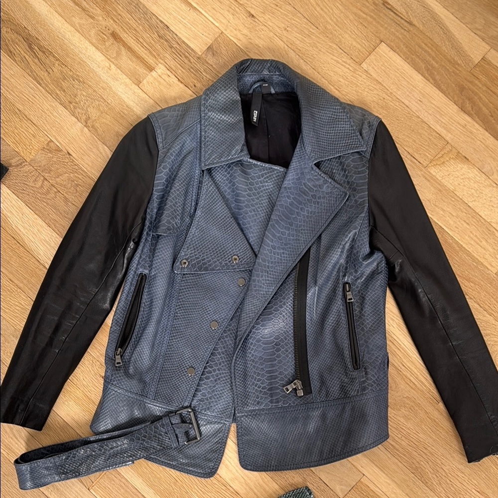 Edun Black and Blue Women's leather biker jacket